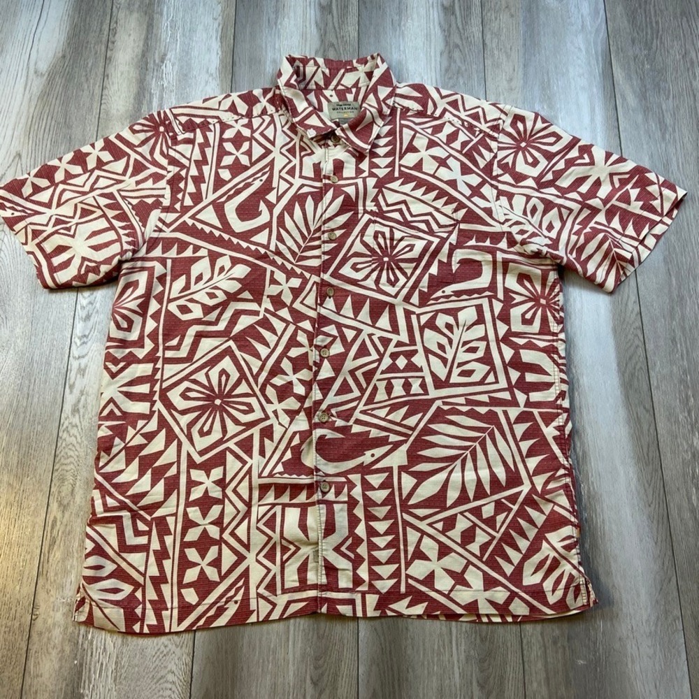 Quicksilver Waterman Shirt Mens XL Red Tribal Aztec Hawaiian Beach Resort Surf